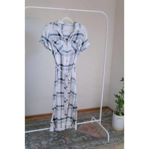 Anthropologie Cloth & Stone Hannah Midi White Plaid Button Down Shirt Dress Sz S - Picture 2 of 11
